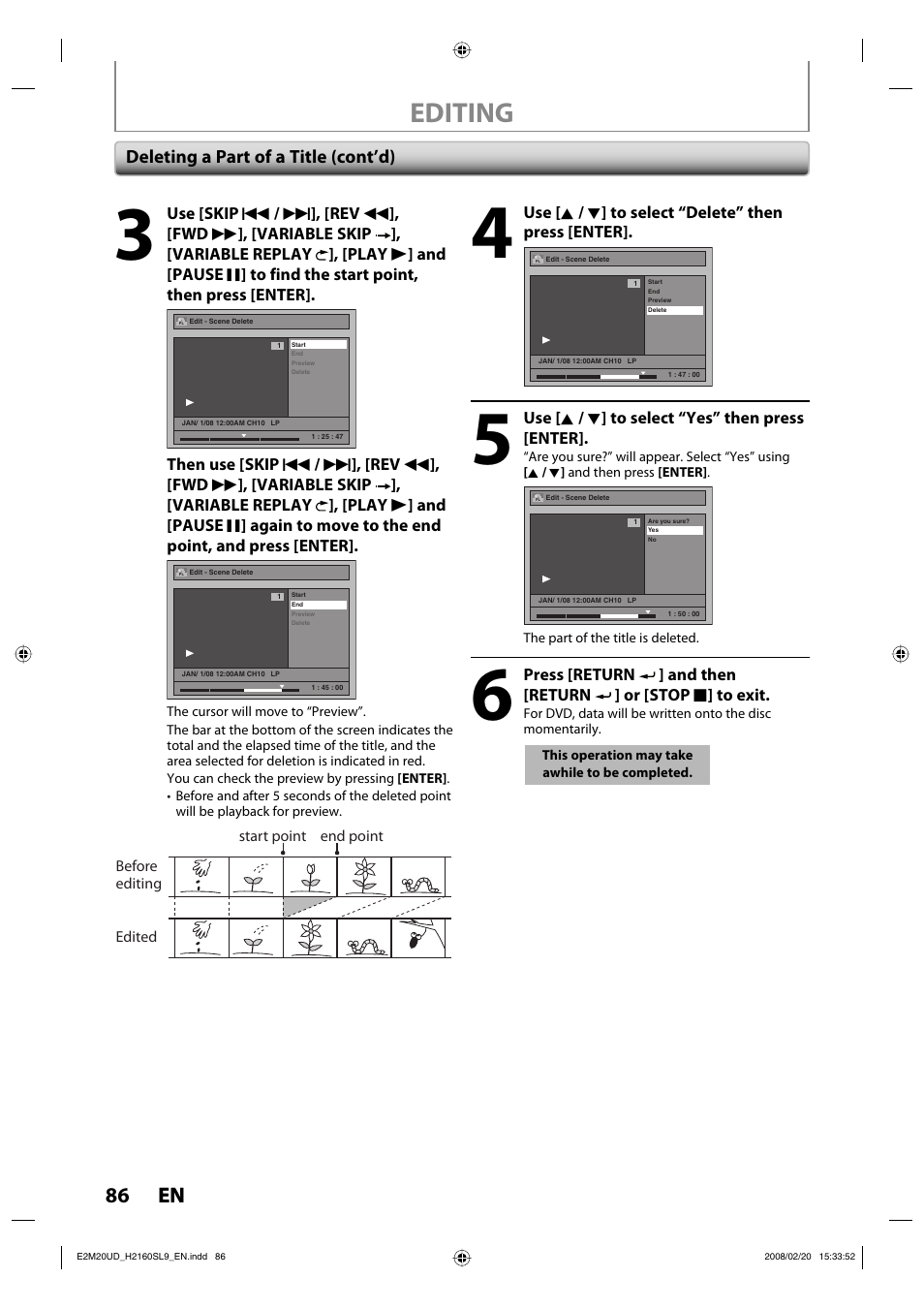 Editing, 86 en 86 en, Deleting a part of a title (cont’d) | Sylvania H2160SL9 User Manual | Page 88 / 120