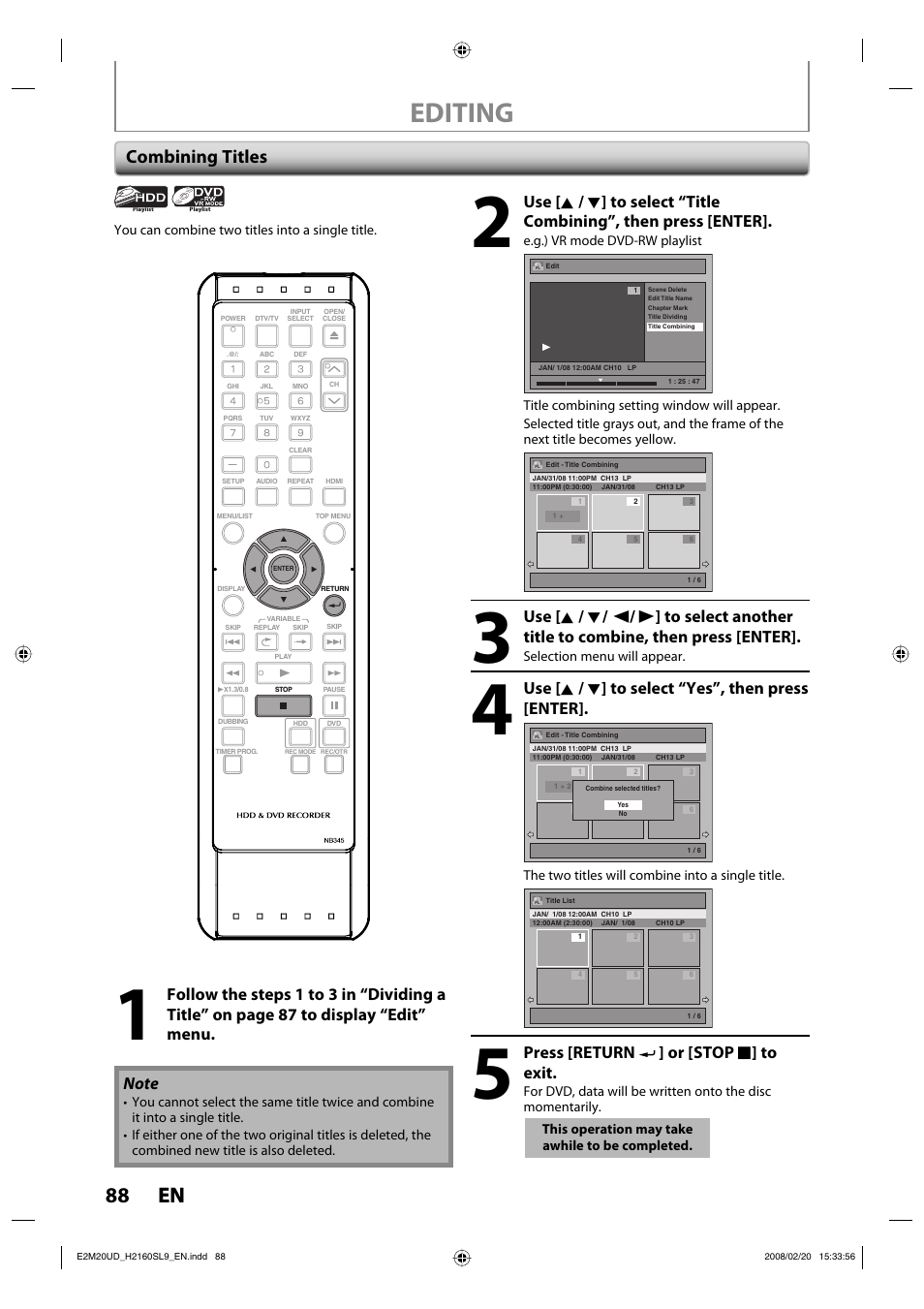 Editing, 88 en 88 en, Combining titles | Use [ k / l ] to select “yes”, then press [enter, Press [return ] or [stop c ] to exit | Sylvania H2160SL9 User Manual | Page 90 / 120