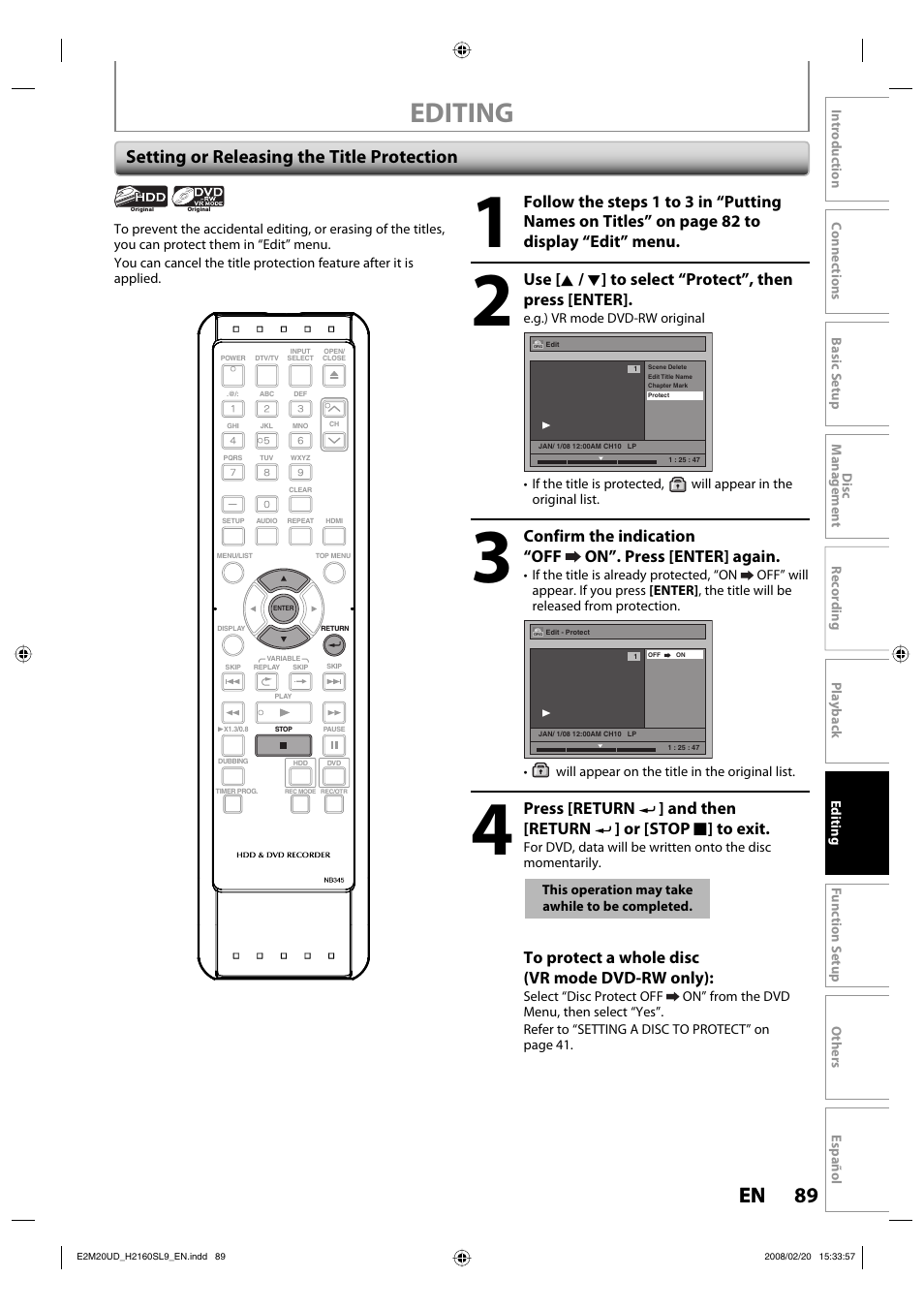 Editing, 89 en 89 en, Setting or releasing the title protection | Sylvania H2160SL9 User Manual | Page 91 / 120