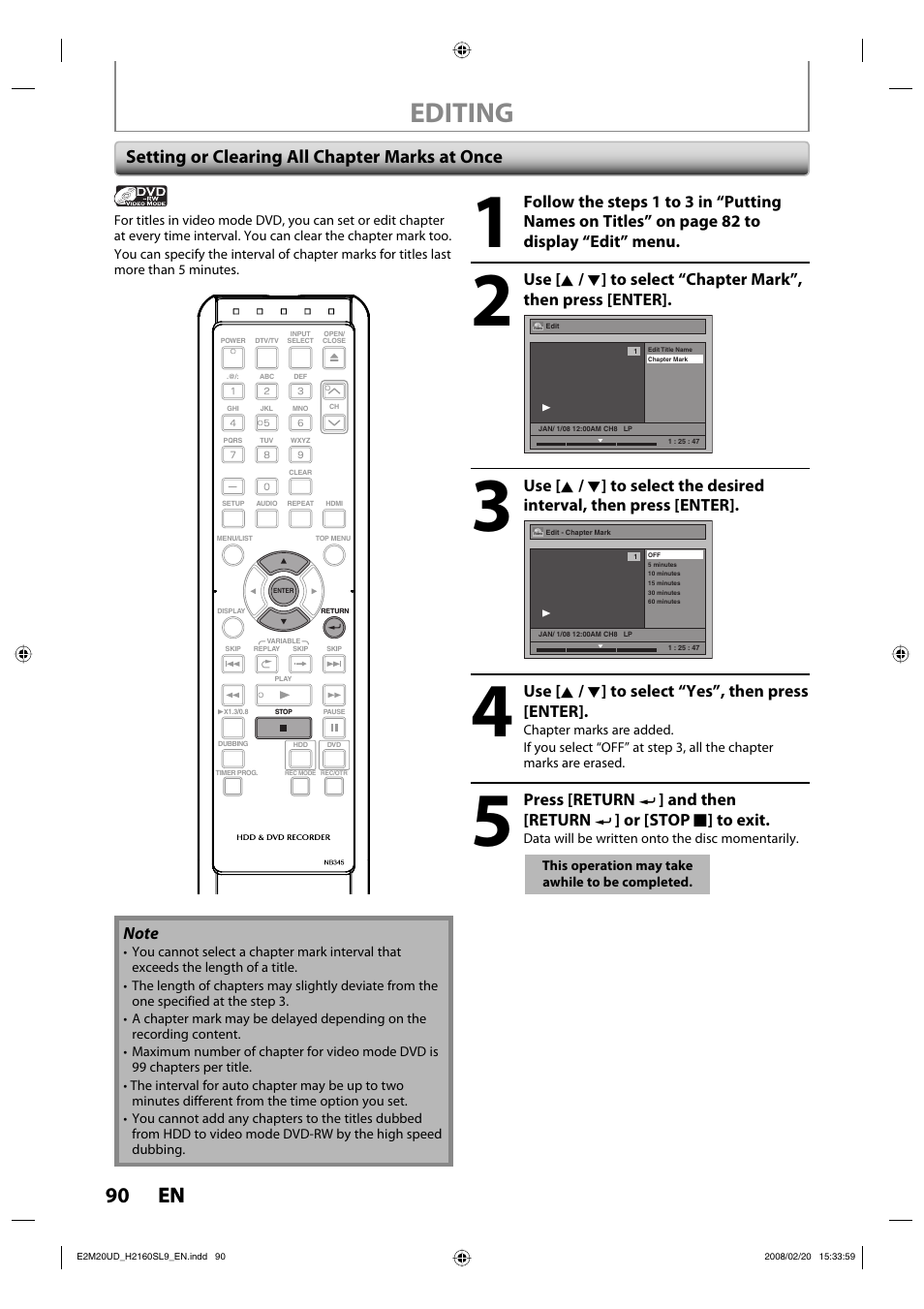 Editing, 90 en 90 en, Setting or clearing all chapter marks at once | Sylvania H2160SL9 User Manual | Page 92 / 120