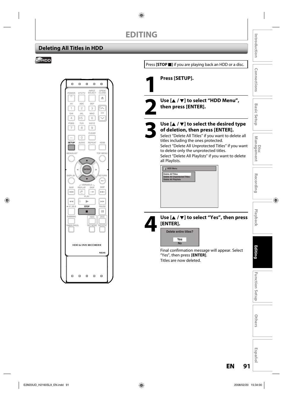 Editing, 91 en 91 en, Deleting all titles in hdd | Sylvania H2160SL9 User Manual | Page 93 / 120