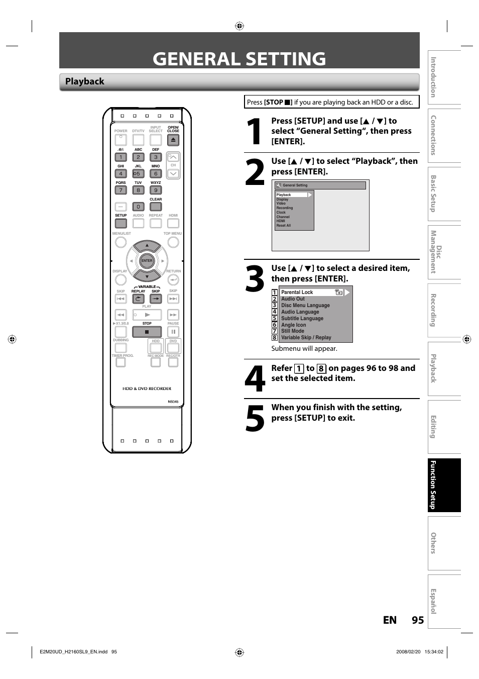 General setting, 95 en 95 en, Playback | Sylvania H2160SL9 User Manual | Page 97 / 120