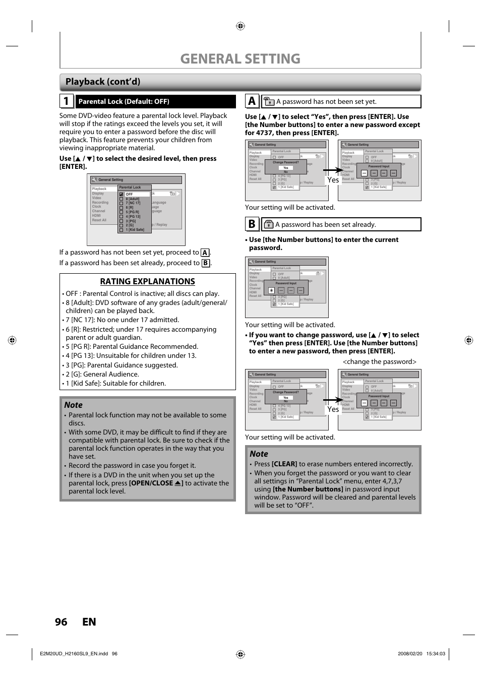 General setting, 96 en 96 en, Playback (cont’d) | Rating explanations | Sylvania H2160SL9 User Manual | Page 98 / 120