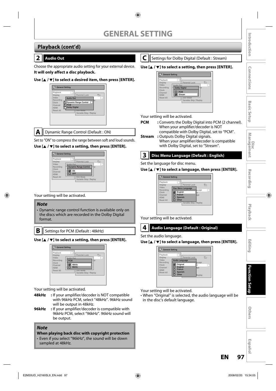 General setting, 97 en 97 en, Playback (cont’d) | Sylvania H2160SL9 User Manual | Page 99 / 120