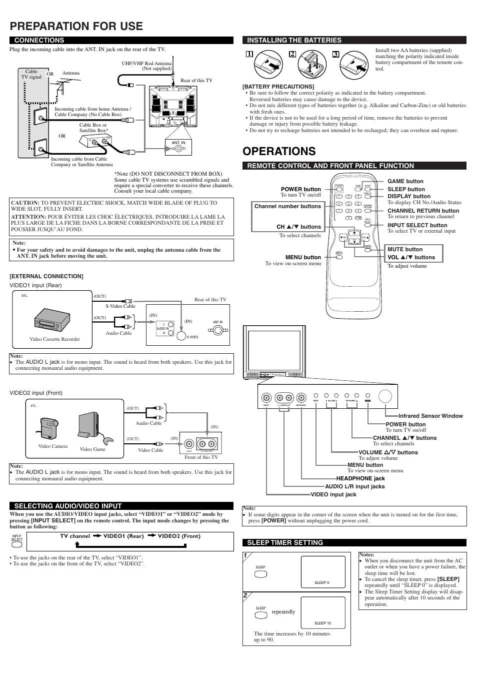 Preparation for use, Operations, Installing the batteries | 21 3 connections, Sleep timer setting, Remote control and front panel function, Selecting audio/video input | Sylvania 6420FF User Manual | Page 2 / 8