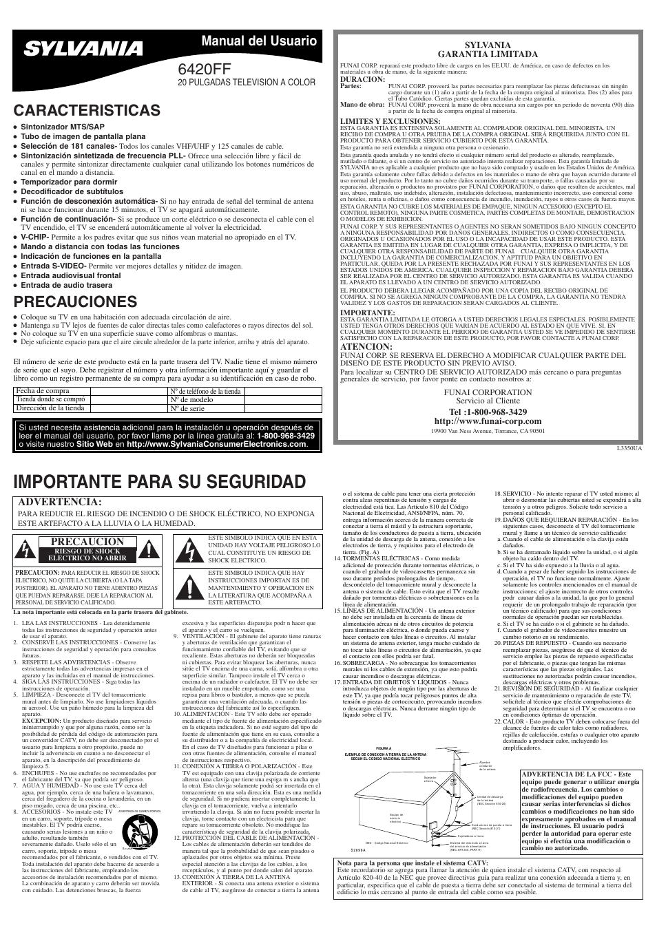 Importante para su seguridad, Caracteristicas, 6420ff | Precauciones, Manual del usuario, Advertencia, Precaucion, Atencion | Sylvania 6420FF User Manual | Page 5 / 8