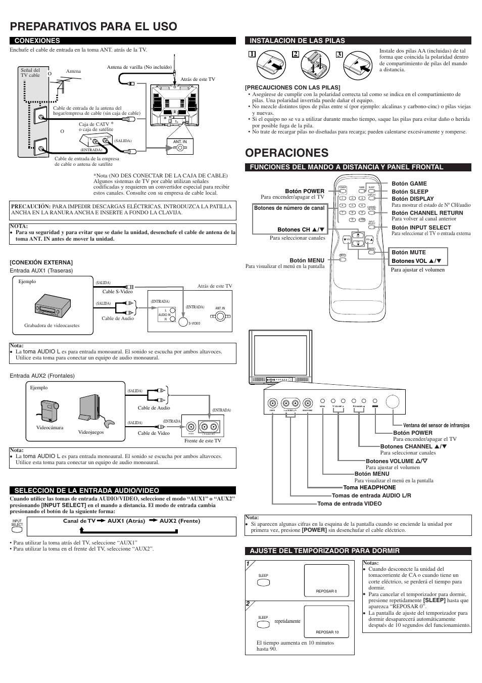 Preparativos para el uso, Operaciones, Instalacion de las pilas | 21 3 conexiones, Ajuste del temporizador para dormir, Funciones del mando a distancia y panel frontal, Seleccion de la entrada audio/video | Sylvania 6420FF User Manual | Page 6 / 8