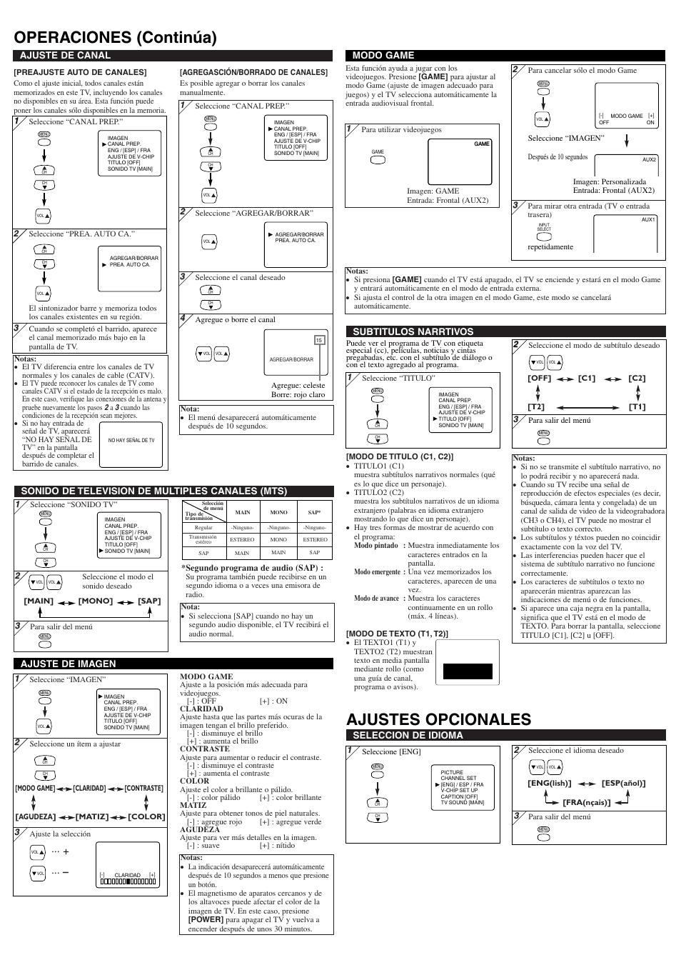 Operaciones (continúa) ajustes opcionales, Seleccion de idioma, Ajuste de imagen | Ajuste de canal, Modo game, Sonido de television de multiples canales (mts), Subtitulos narrtivos | Sylvania 6420FF User Manual | Page 7 / 8
