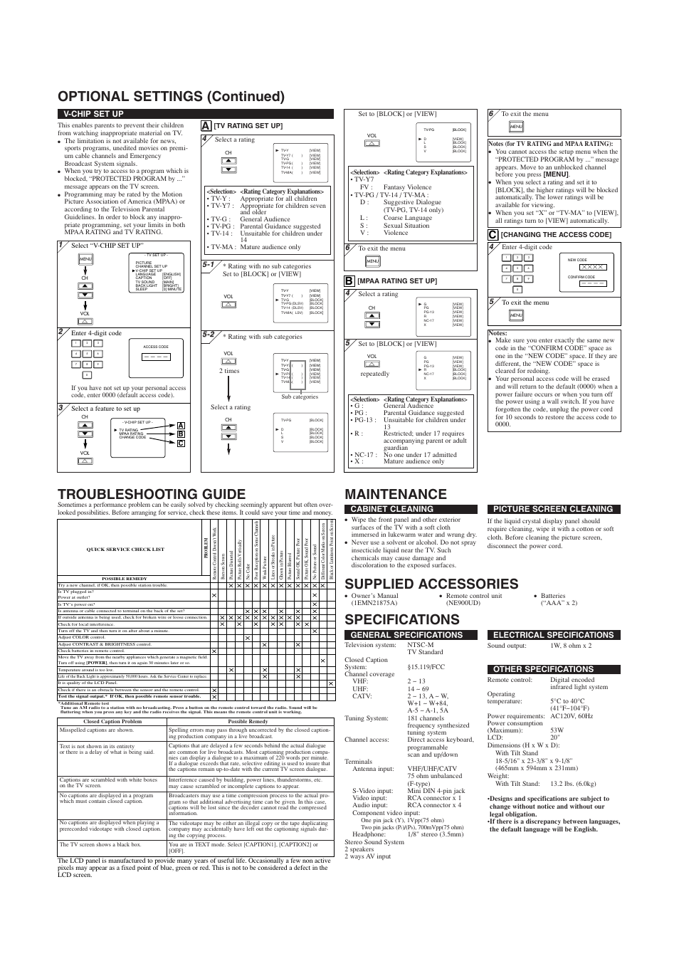 Supplied accessories, General specifications, Electrical specifications | Other specifications, Cabinet cleaning, Picture screen cleaning, V-chip set up | Sylvania 6620LG User Manual | Page 4 / 8