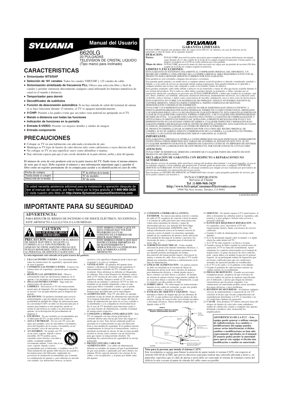 6620lg_l2604ue_24ue(es).pdf, Importante para su seguridad, Caracteristicas | Precauciones, 6620lg, Manual del usuario, Advertencia, Caution | Sylvania 6620LG User Manual | Page 5 / 8