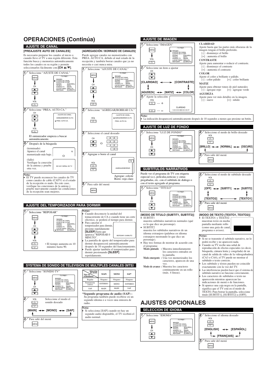 Operaciones (continúa) ajustes opcionales, Ajuste de imagen, Ajuste de canal | Seleccion de idioma, Subtitulos narrativos | Sylvania 6620LG User Manual | Page 7 / 8