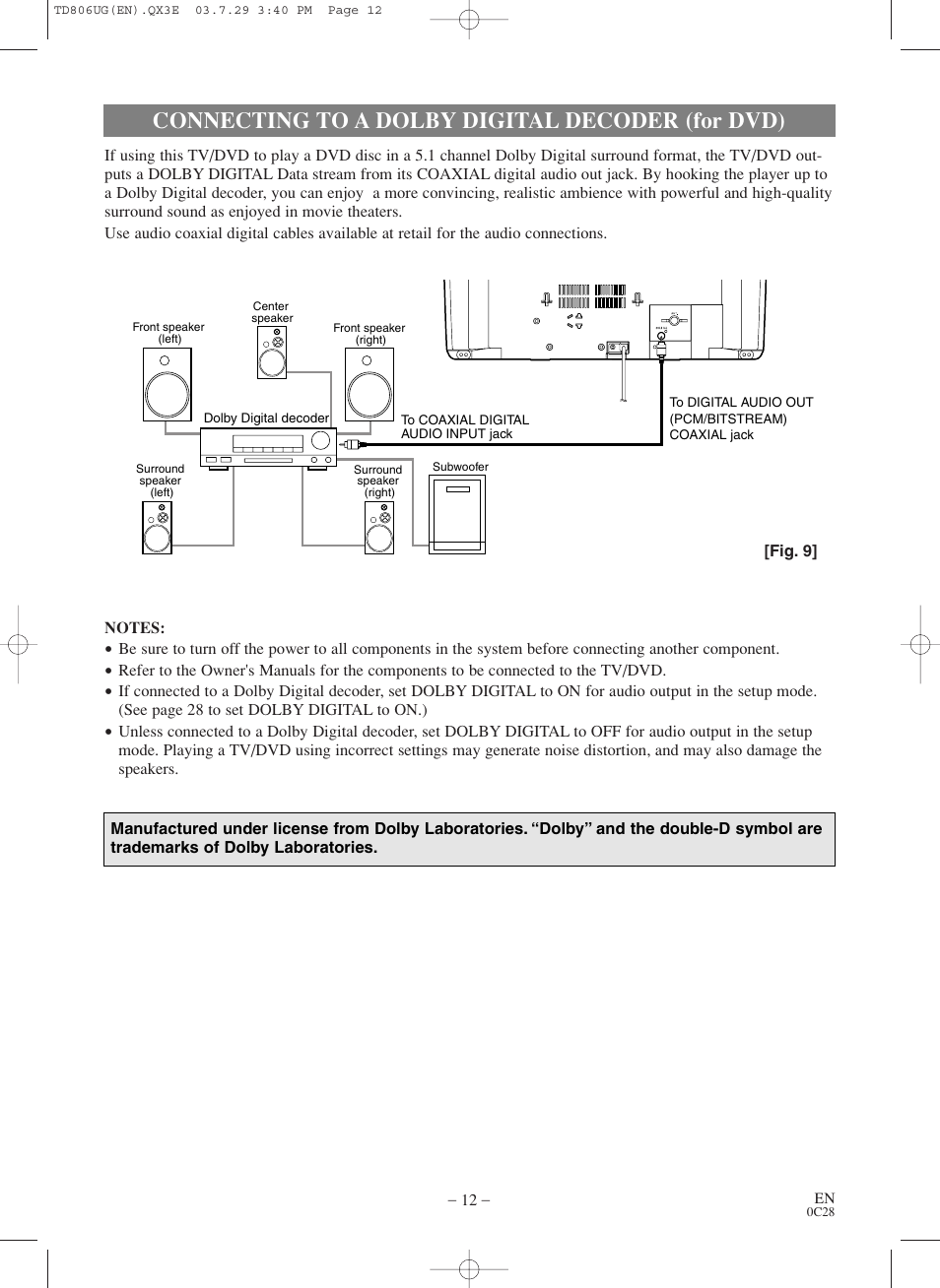Connecting to a dolby digital decoder (for dvd) | Sylvania SC519DD User Manual | Page 12 / 34