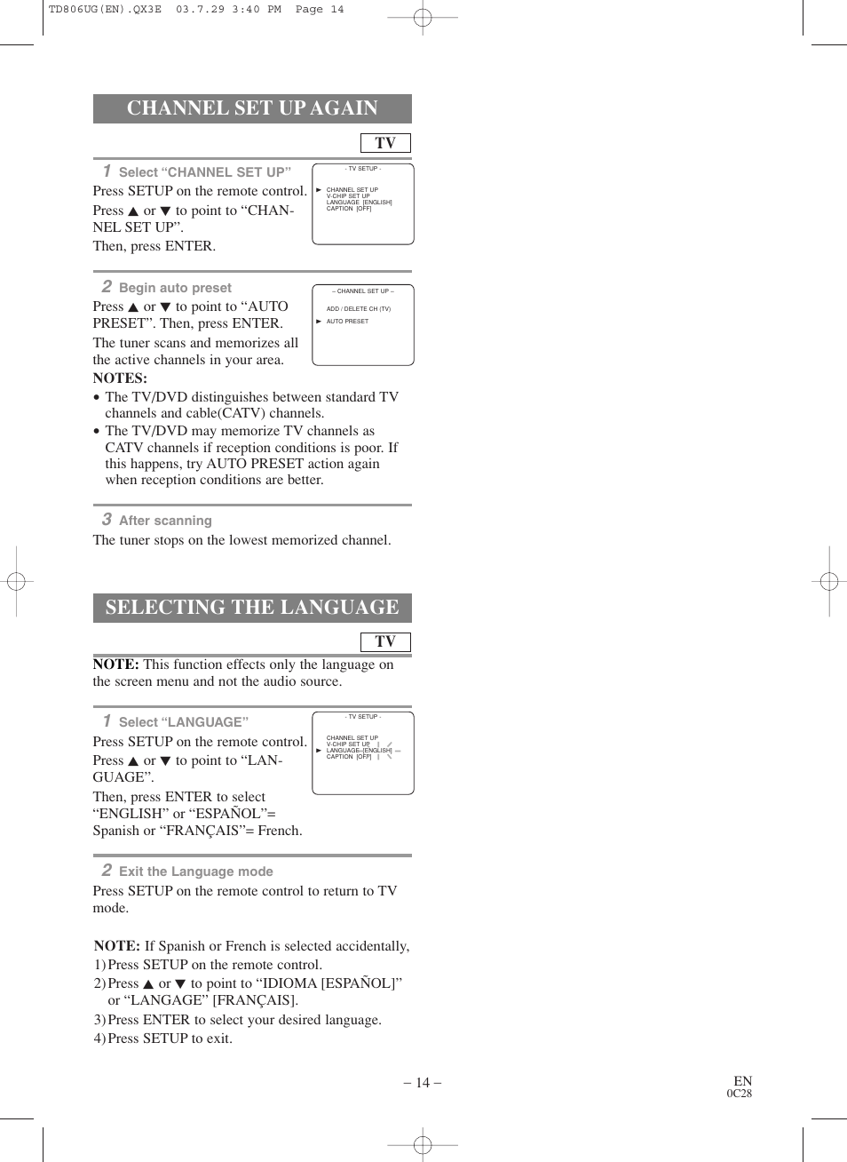 Channel set up again, Selecting the language | Sylvania SC519DD User Manual | Page 14 / 34