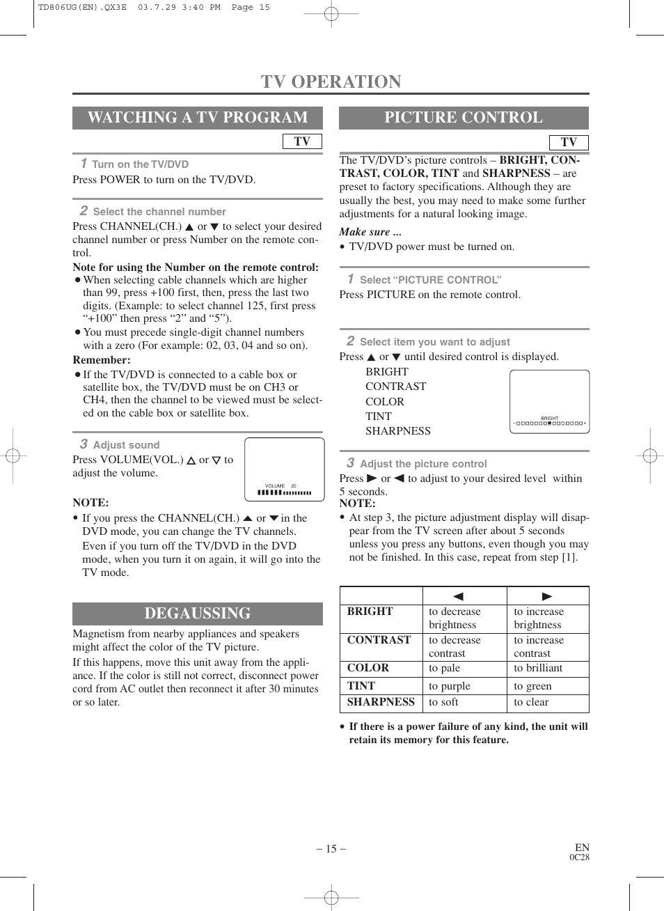 Tv operation, Degaussing, Watching a tv program | Picture control | Sylvania SC519DD User Manual | Page 15 / 34