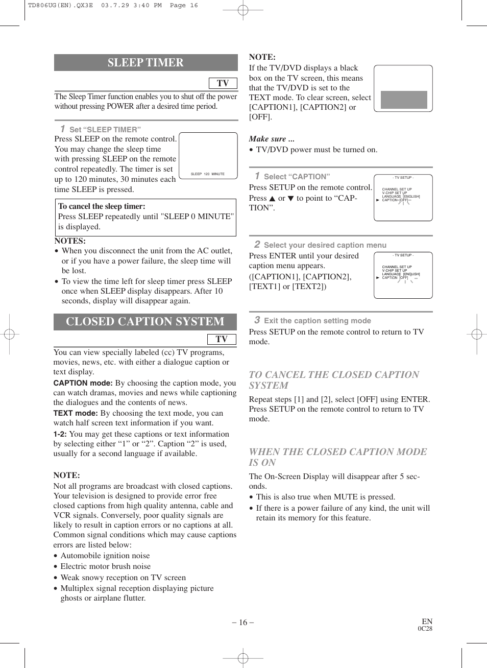 Closed caption system, Sleep timer | Sylvania SC519DD User Manual | Page 16 / 34