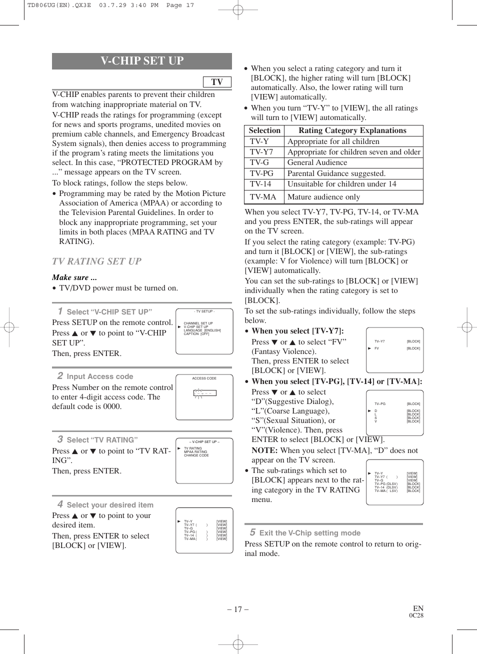 V-chip set up, Tv rating set up, Make sure | Tv/dvd power must be turned on | Sylvania SC519DD User Manual | Page 17 / 34