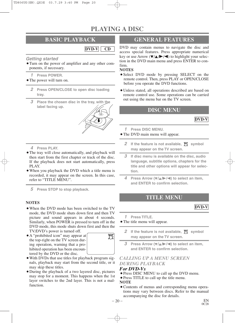 Playing a disc, Basic playback, General features | Title menu, Disc menu | Sylvania SC519DD User Manual | Page 20 / 34