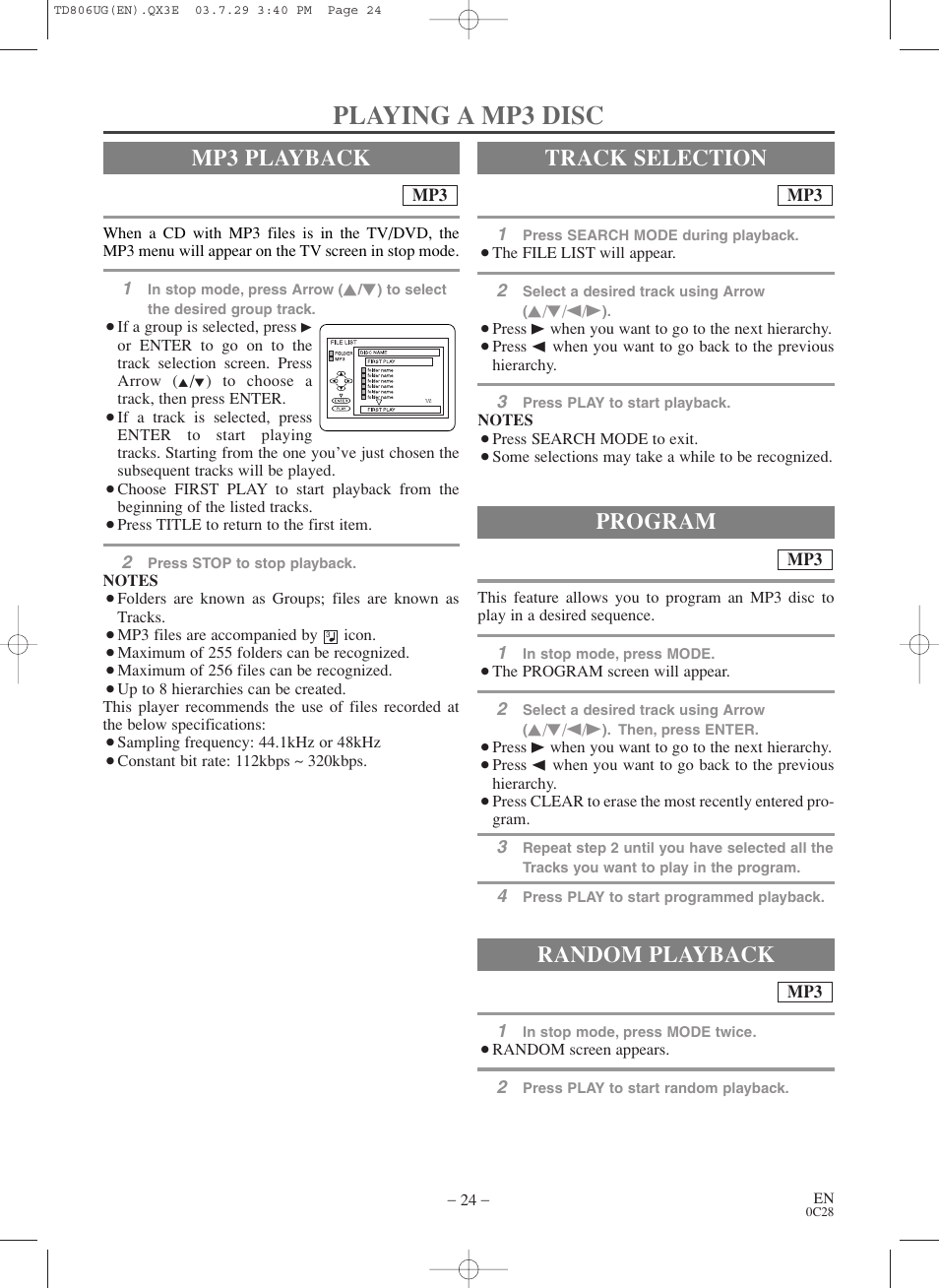 Playing a mp3 disc, Mp3 playback, Track selection | Random playback, Program | Sylvania SC519DD User Manual | Page 24 / 34