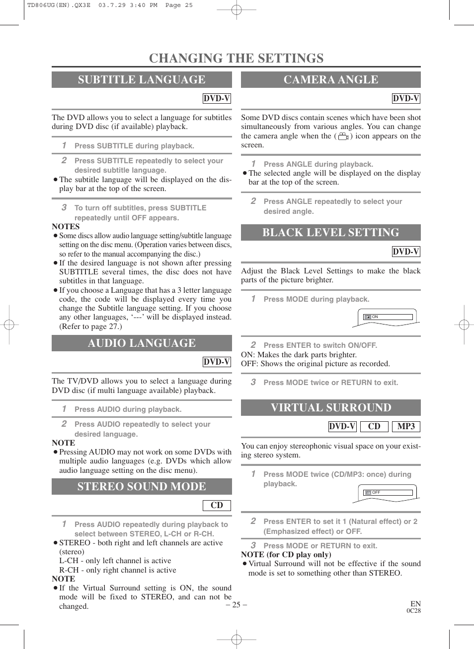 Changing the settings, Audio language, Stereo sound mode | Subtitle language camera angle, Black level setting, Virtual surround | Sylvania SC519DD User Manual | Page 25 / 34