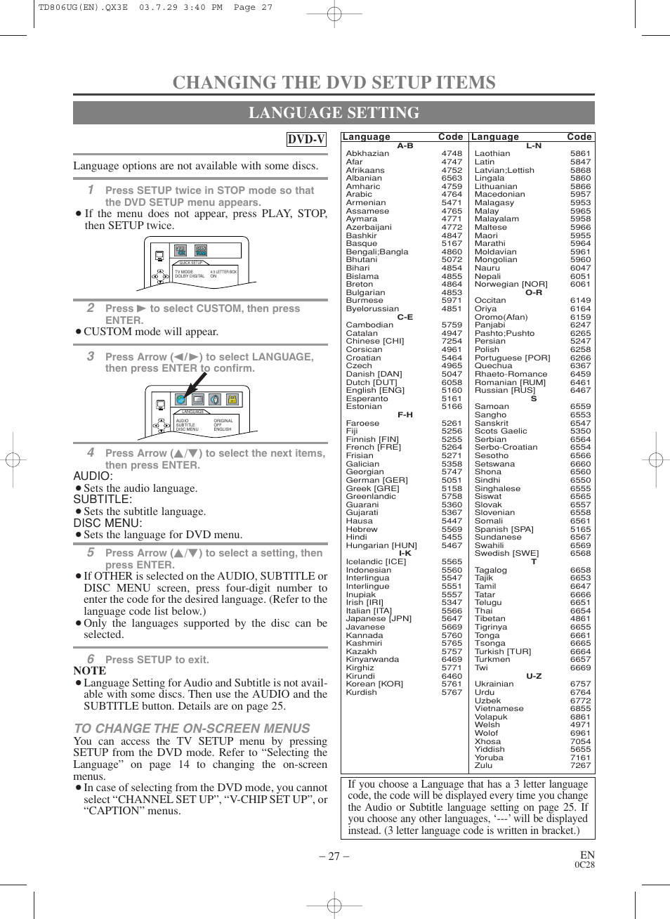 Changing the dvd setup items, Language setting, Dvd-v | Language options are not available with some discs, Custom mode will appear, Audio, Sets the audio language. subtitle, Sets the subtitle language. disc menu, Sets the language for dvd menu | Sylvania SC519DD User Manual | Page 27 / 34