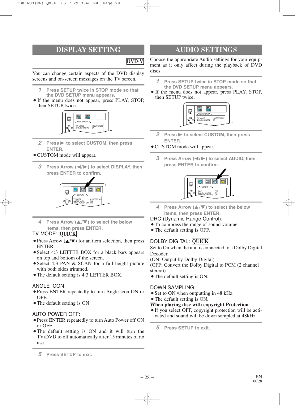 Audio settings, Display setting, Quick | Quick dvd-v | Sylvania SC519DD User Manual | Page 28 / 34