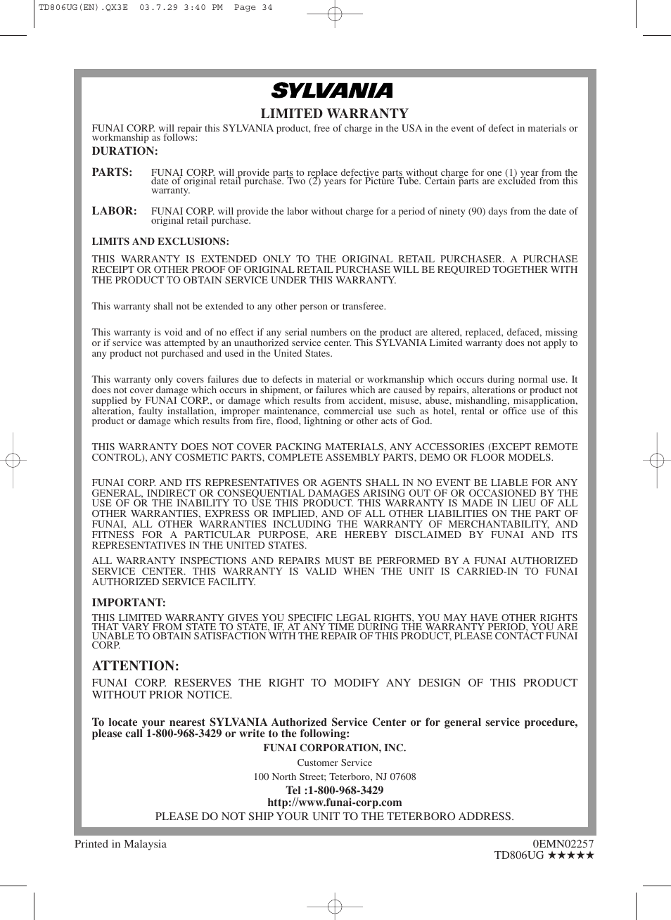 Limited warranty, Attention | Sylvania SC519DD User Manual | Page 34 / 34