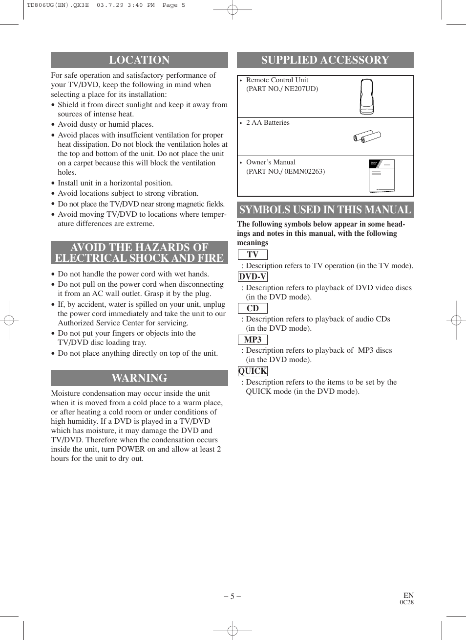 Warning, Symbols used in this manual supplied accessory | Sylvania SC519DD User Manual | Page 5 / 34