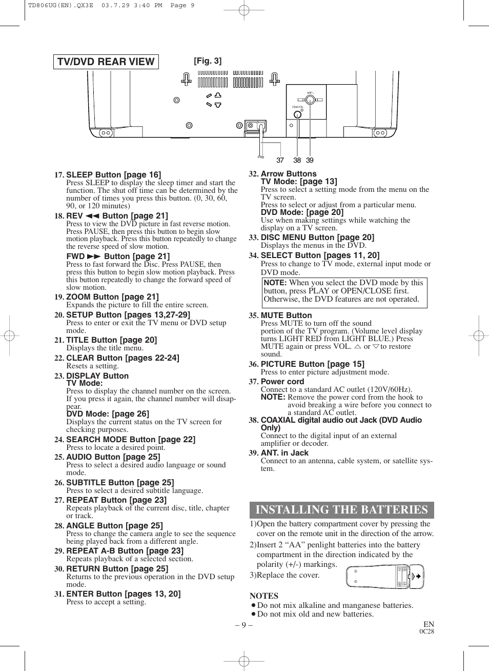 Installing the batteries, Tv/dvd rear view | Sylvania SC519DD User Manual | Page 9 / 34