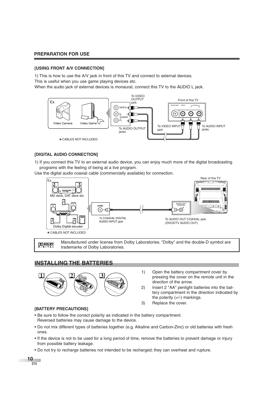 Installing the batteries, Preparation for use | Sylvania 6727DG User Manual | Page 10 / 96