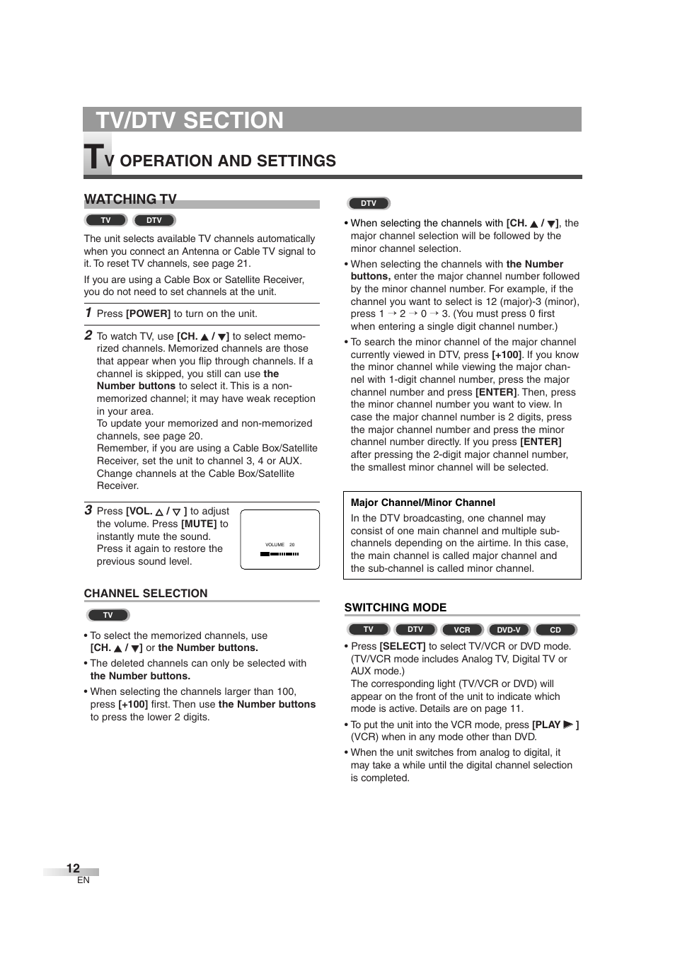 V operation and settings, Watching tv | Sylvania 6727DG User Manual | Page 12 / 96