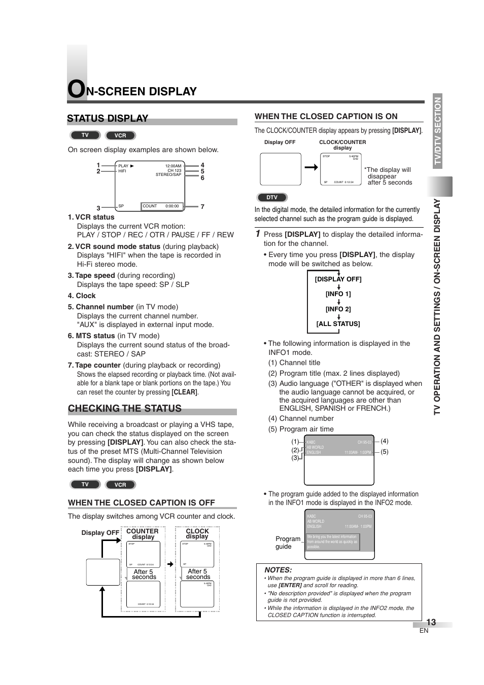 N-screen display, Status display, Checking the status | When the closed caption is off, When the closed caption is on | Sylvania 6727DG User Manual | Page 13 / 96