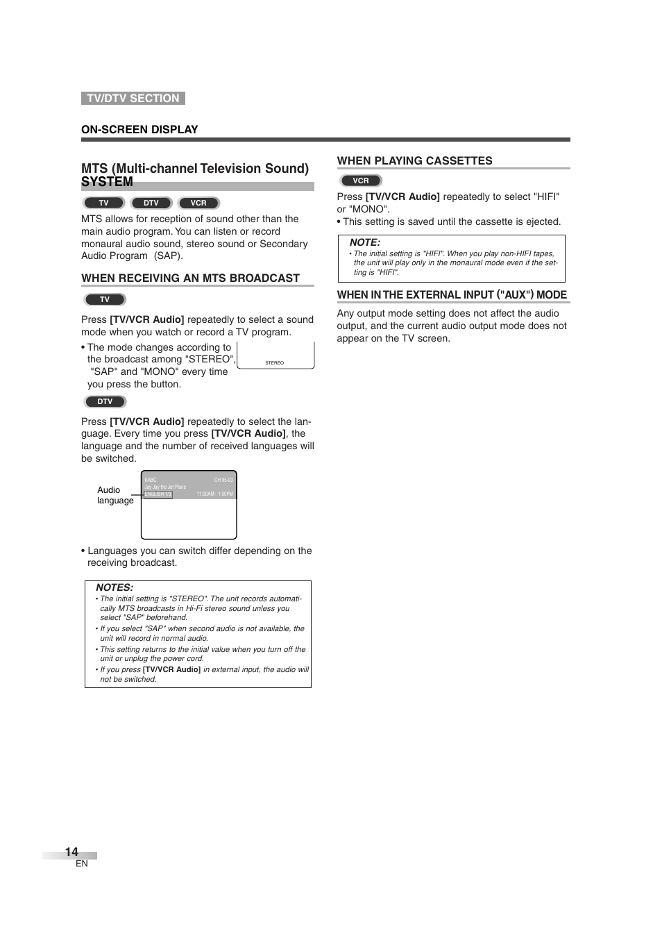 Mts (multi-channel television sound) system, When receiving an mts broadcast, When playing cassettes | When in the external input ("aux") mode | Sylvania 6727DG User Manual | Page 14 / 96