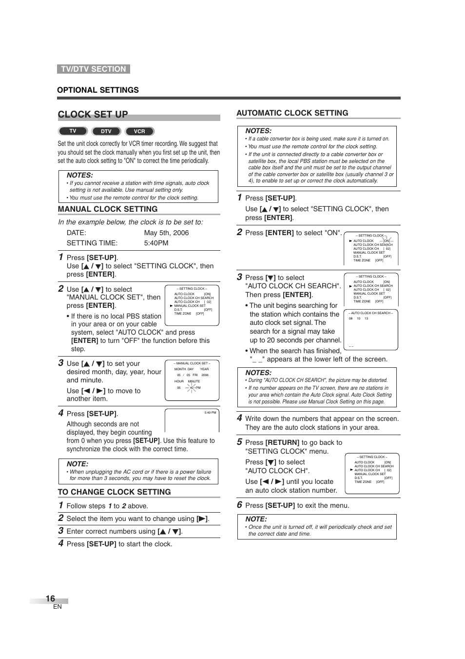 Clock set up, Automatic clock setting, Manual clock setting | Sylvania 6727DG User Manual | Page 16 / 96
