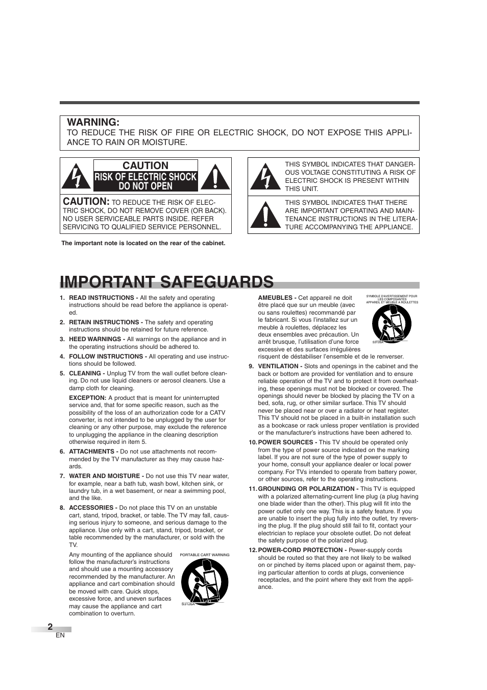 Important safeguards, Caution, Caution risk of electric shock do not open | Warning | Sylvania 6727DG User Manual | Page 2 / 96