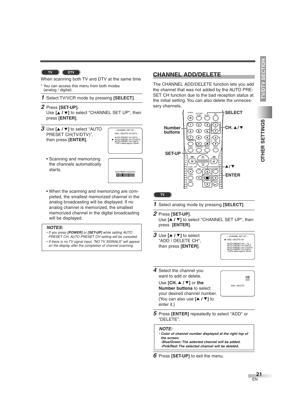 Channel add/delete, When scanning both tv and dtv at the same time, Select tv/vcr mode by pressing [select | Select analog mode by pressing [select, Press [set-up] to exit the menu, Set-up select k / l enter ch. k / l number buttons | Sylvania 6727DG User Manual | Page 21 / 96