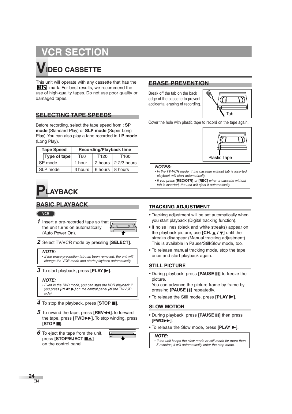 Layback, Ideo cassette, Selecting tape speeds | Erase prevention, Basic playback 1 | Sylvania 6727DG User Manual | Page 24 / 96