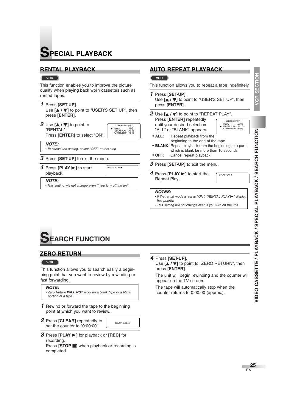 Pecial playback, Earch function, Rental playback auto repeat playback | Zero return | Sylvania 6727DG User Manual | Page 25 / 96