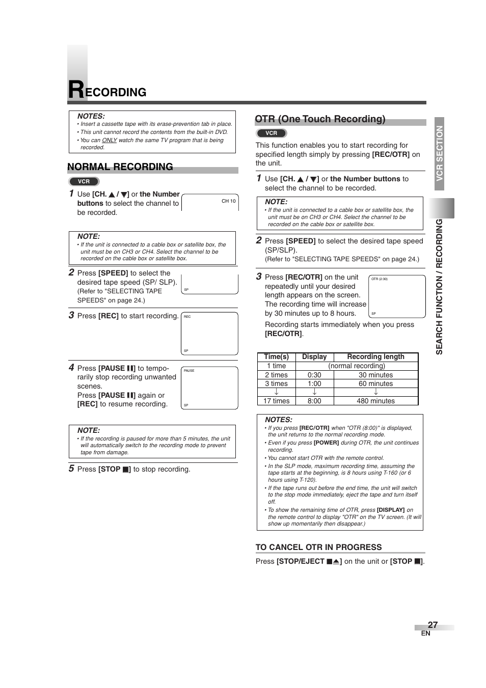 Ecording, Normal recording 1, Otr (one touch recording) | Sylvania 6727DG User Manual | Page 27 / 96