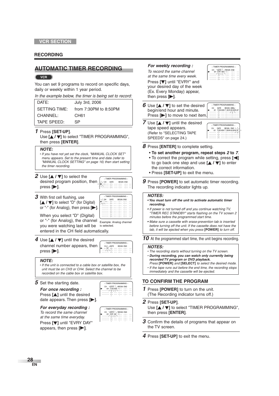 Automatic timer recording, For weekly recording, Press | Until the desired tape speed appears, Press [set-up] . use, With first cell flushing, use, Set the starting date. for once recording : press | Sylvania 6727DG User Manual | Page 28 / 96