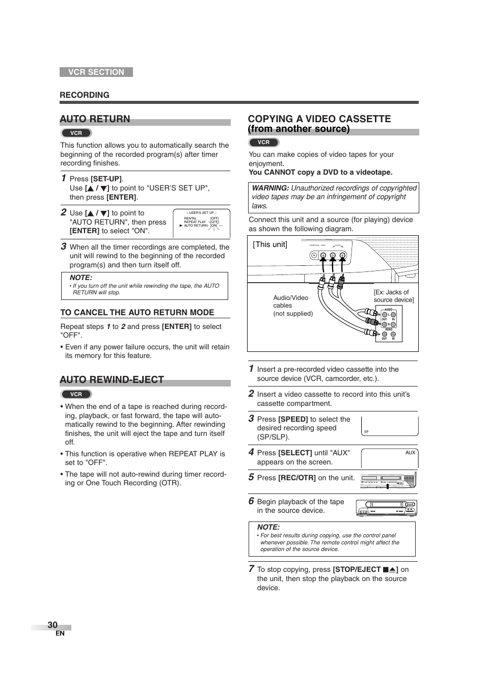 Auto return, Copying a video cassette (from another source), Auto rewind-eject | Sylvania 6727DG User Manual | Page 30 / 96