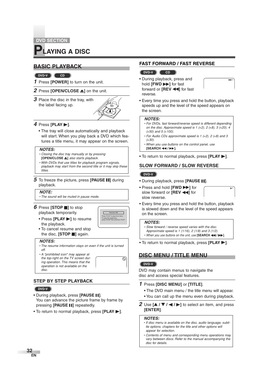 Laying a disc, Basic playback, Disc menu / title menu | Sylvania 6727DG User Manual | Page 32 / 96