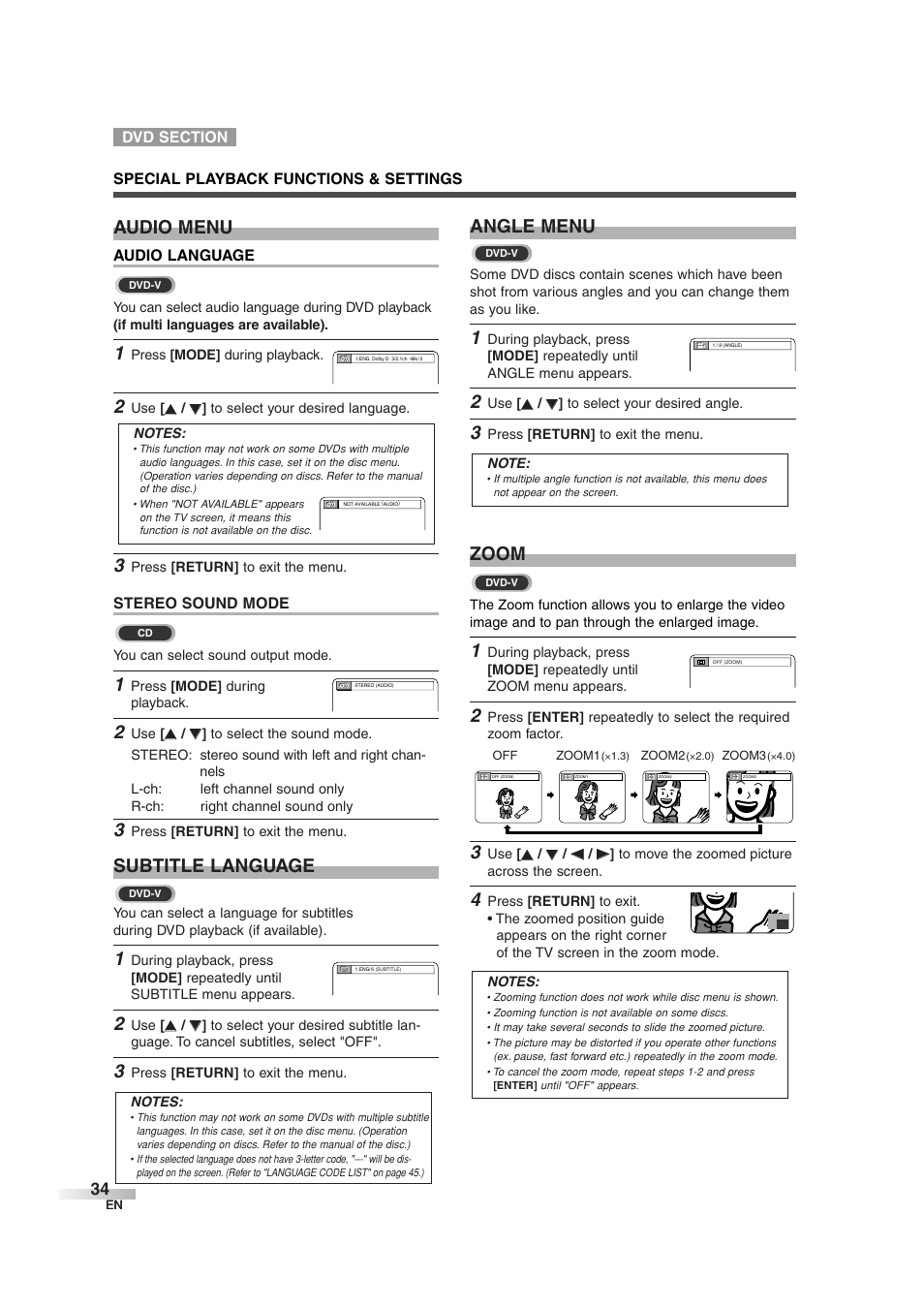 Zoom, Audio menu, Subtitle language | Angle menu | Sylvania 6727DG User Manual | Page 34 / 96