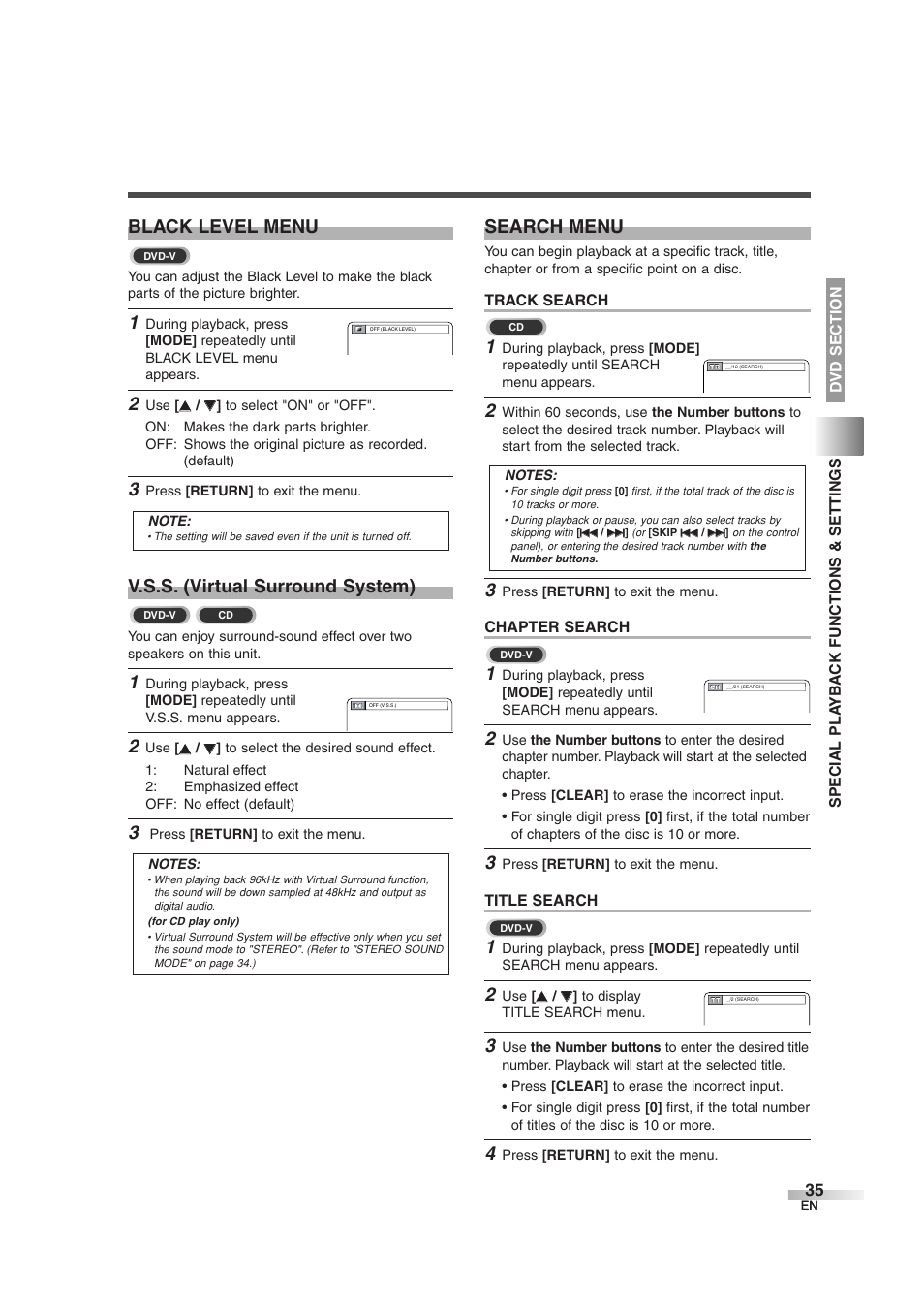 Black level menu, V.s.s. (virtual surround system), Search menu | Sylvania 6727DG User Manual | Page 35 / 96