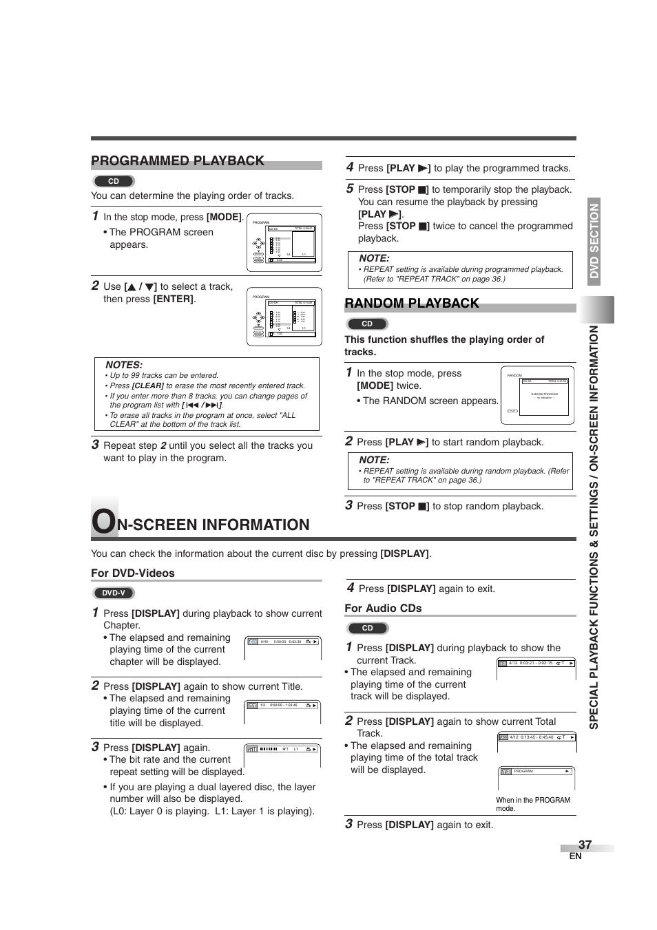 N-screen information, Programmed playback random playback, For dvd-videos | For audio cds | Sylvania 6727DG User Manual | Page 37 / 96