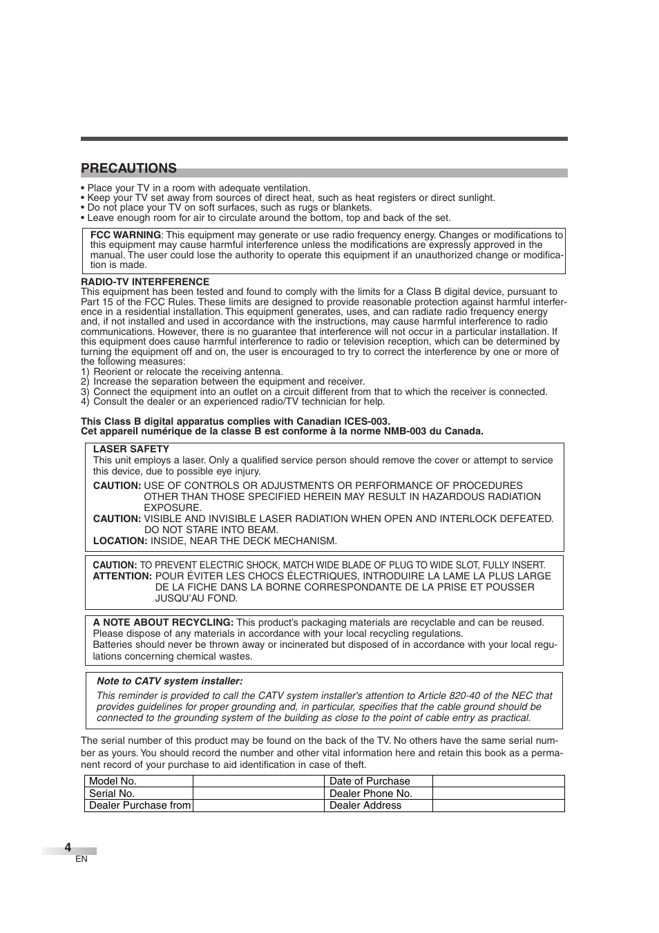 Precautions | Sylvania 6727DG User Manual | Page 4 / 96