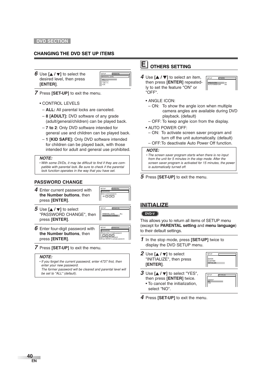 Initialize, Password change | Sylvania 6727DG User Manual | Page 40 / 96