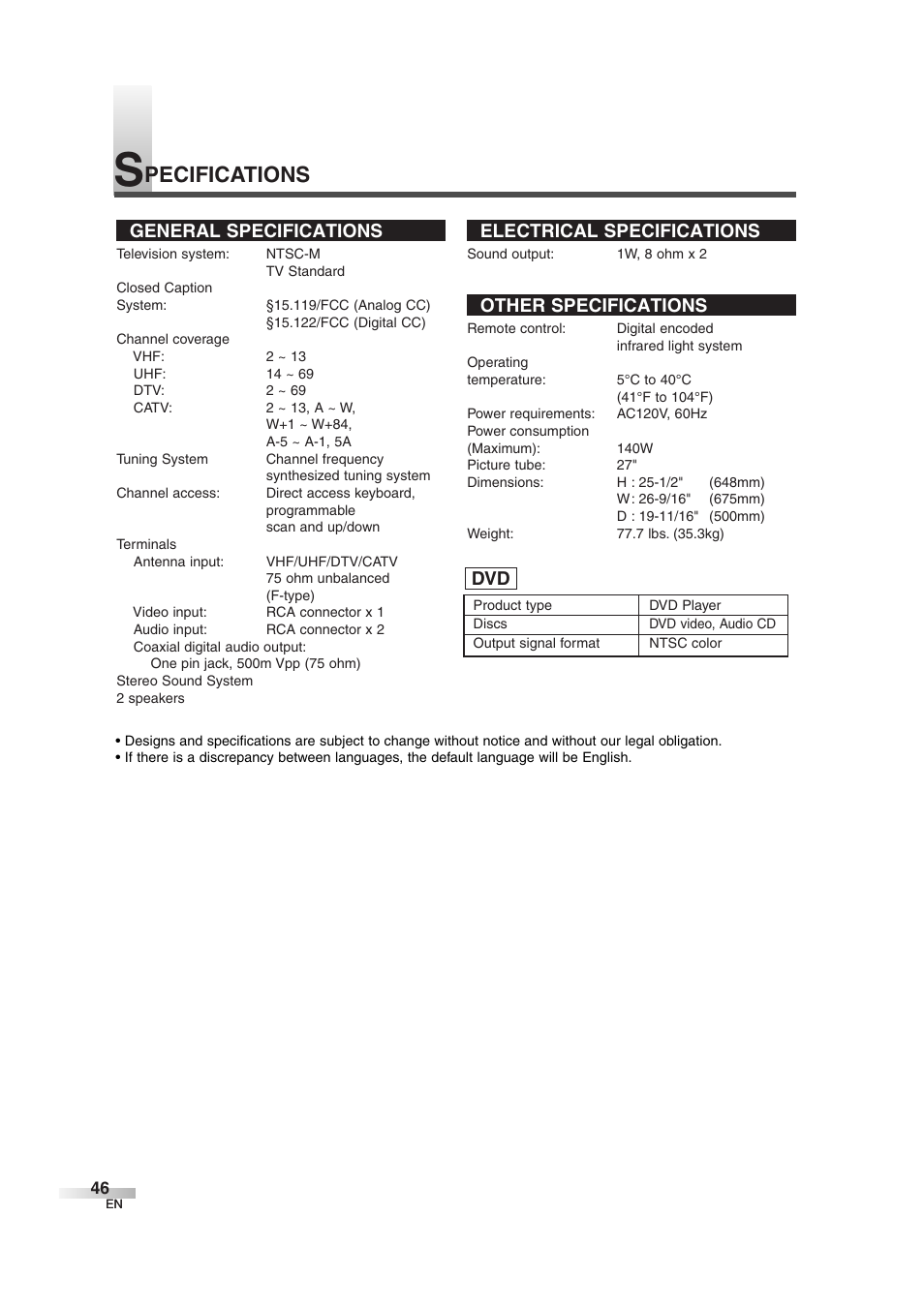 Pecifications, General specifications, Electrical specifications | Other specifications | Sylvania 6727DG User Manual | Page 46 / 96