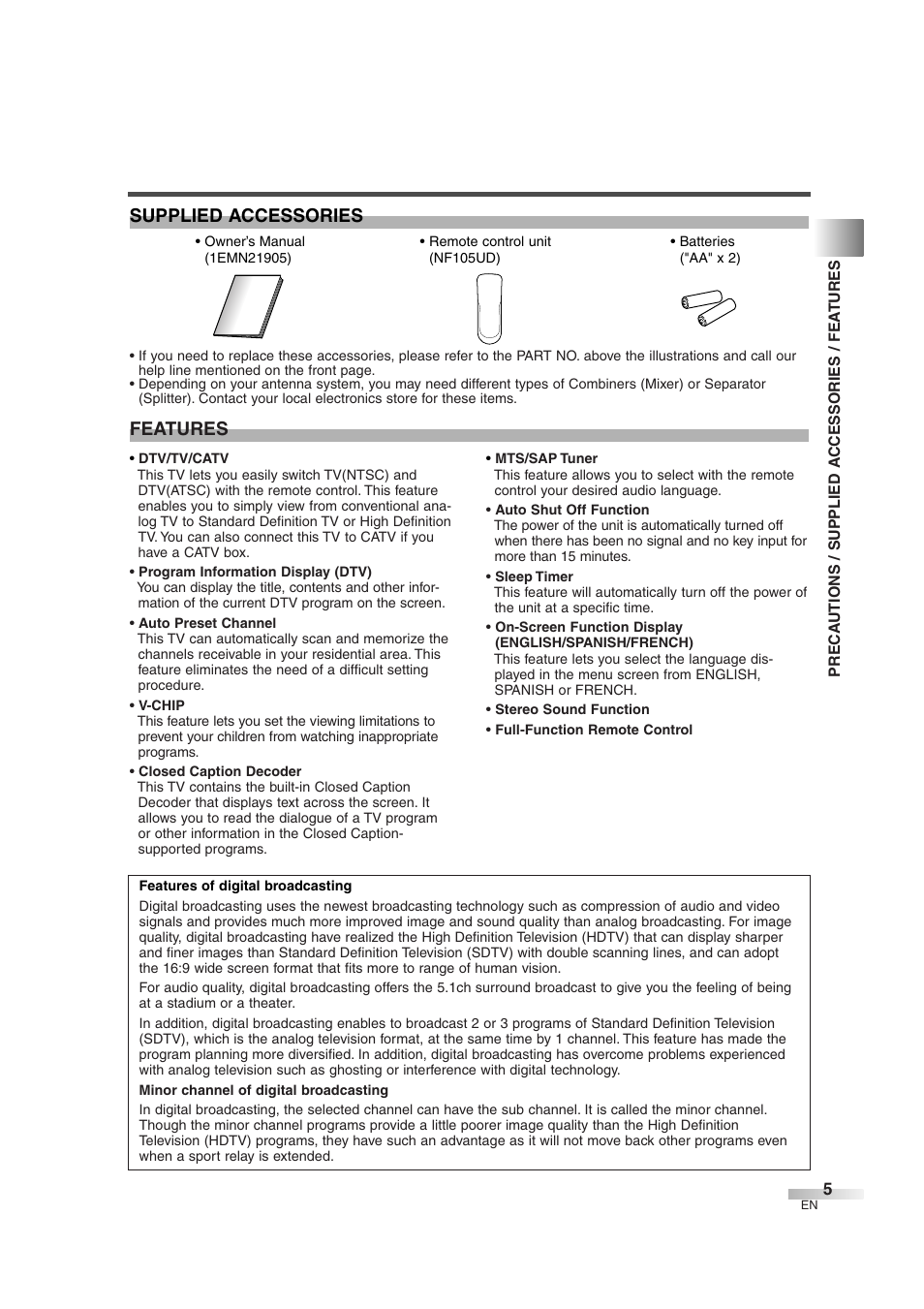 Features, Supplied accessories | Sylvania 6727DG User Manual | Page 5 / 96