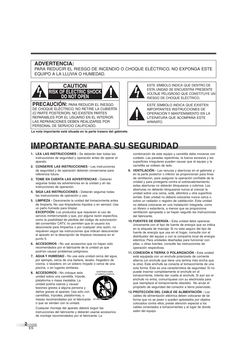 Importante para su seguridad, Precaución, Caution risk of electric shock do not open | Advertencia | Sylvania 6727DG User Manual | Page 50 / 96