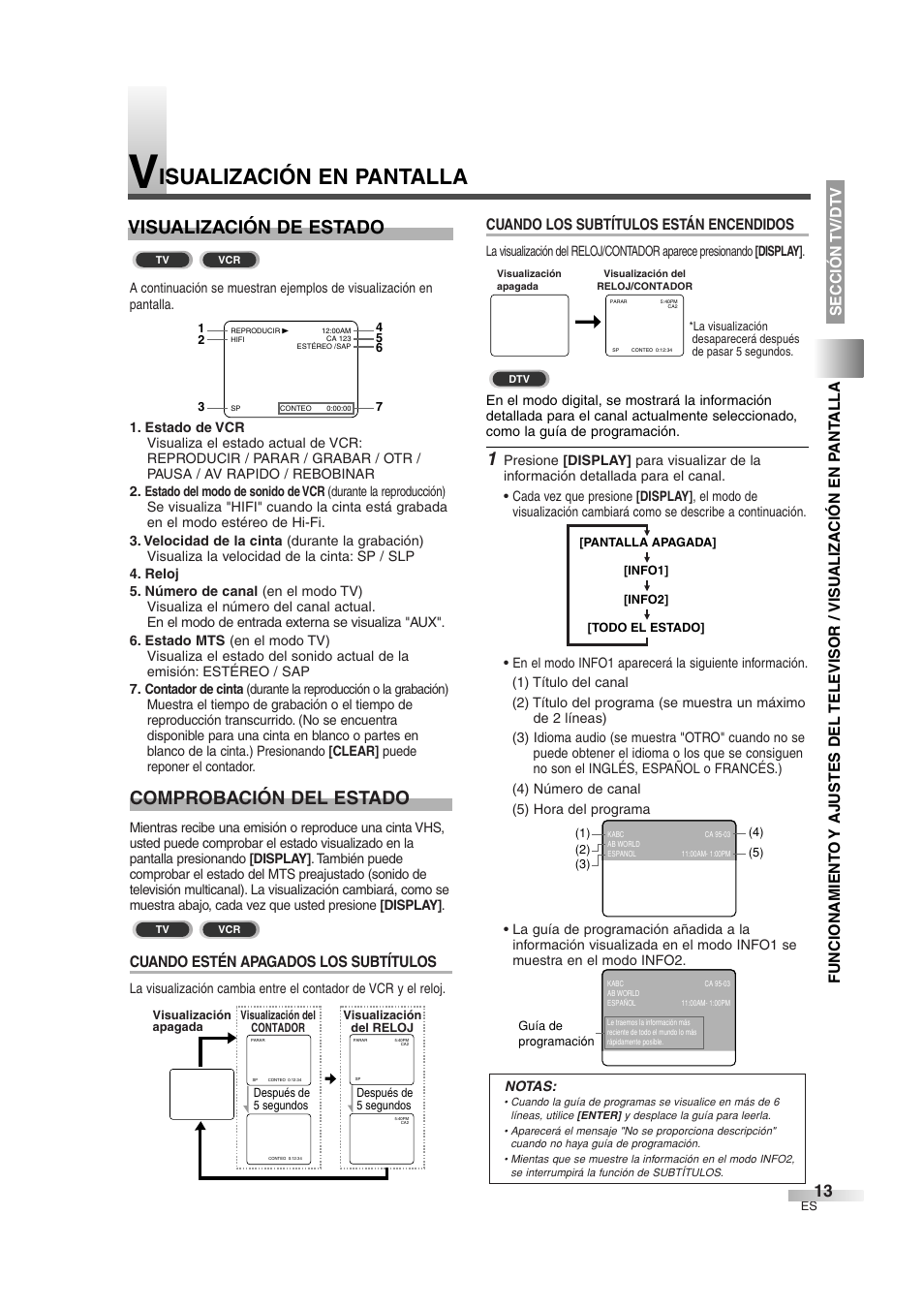 Isualización en pantalla, Visualización de estado, Comprobación del estado | Cuando estén apagados los subtítulos, Cuando los subtítulos están encendidos | Sylvania 6727DG User Manual | Page 61 / 96